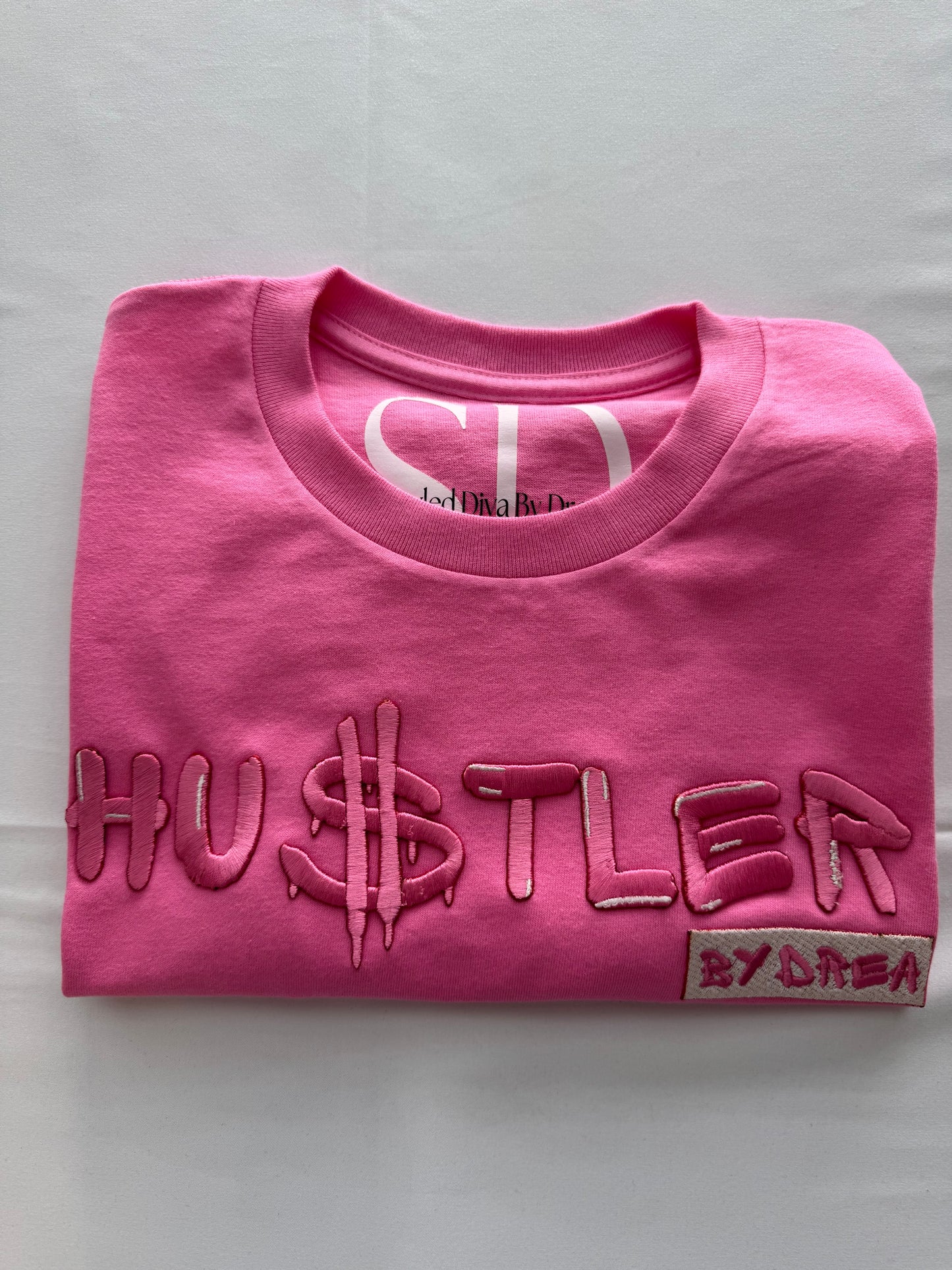 3D Embroidered Pink Hu$tler Patchwork T Shirt